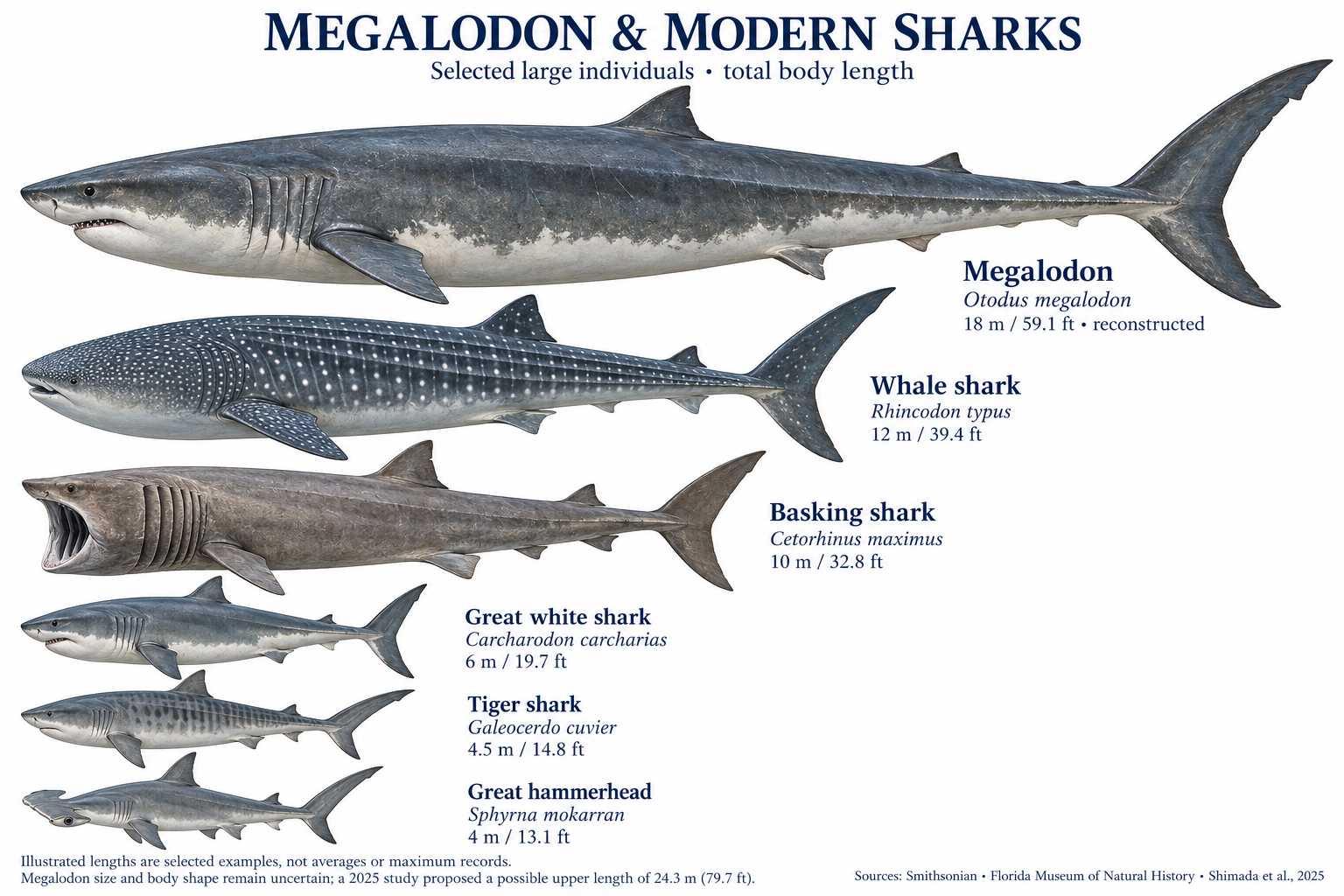 a size chart comparing Megalodon to modern day sharks